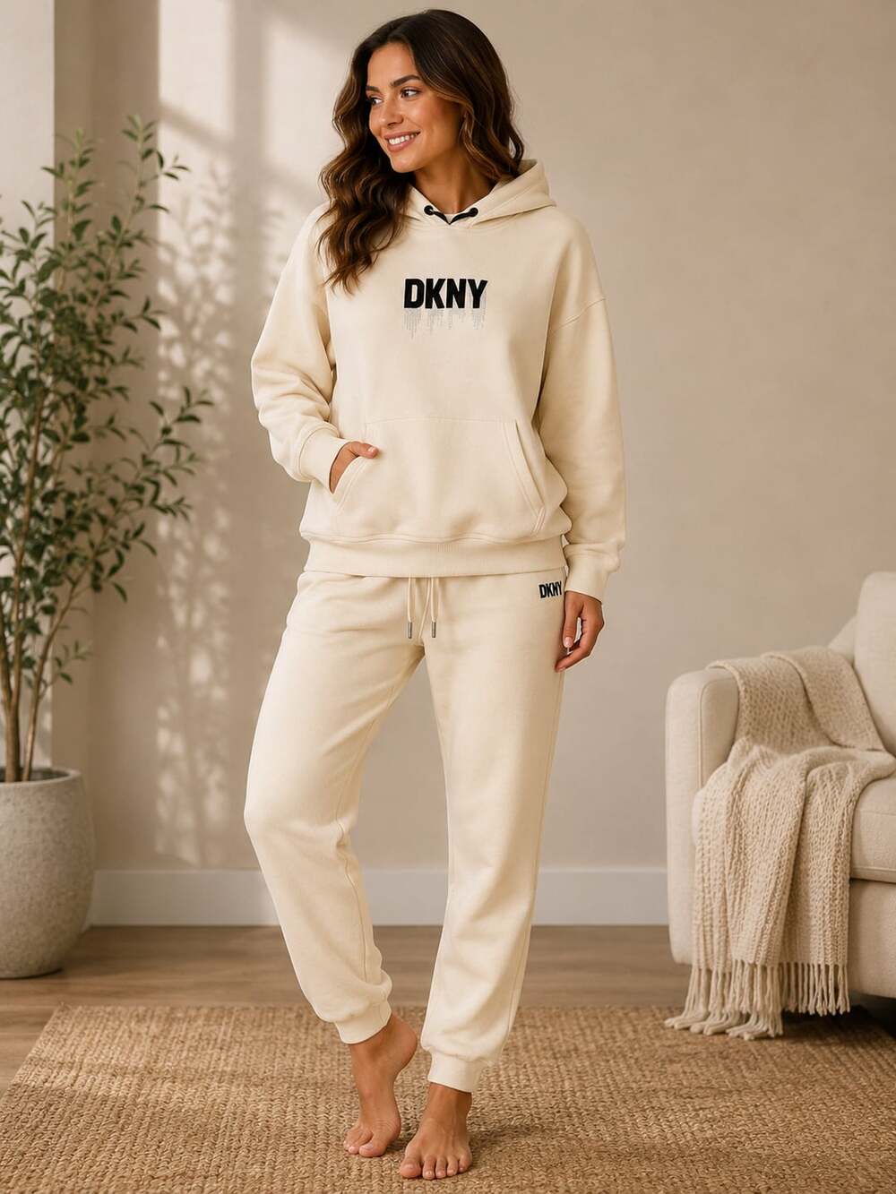 DKNY Women's Rhinestud Logo Hoodie and Jogger Lounge Set